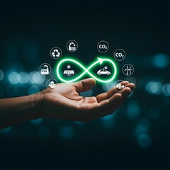 Hand holding a glowing infinity loop representing circular economy with environmental icons