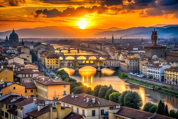 Obraz premium A picturesque sunset over florence italy shows the citys bridges and buildings reflected in the arno river