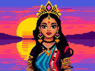 Pixel art Indian goddess with a golden crown standing in water against a vibrant sunset