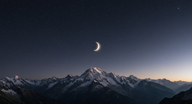 Crescent moon over snowy mountains - Powered by Adobe