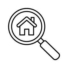 Magnifying glass over a simple house icon representing real estate search