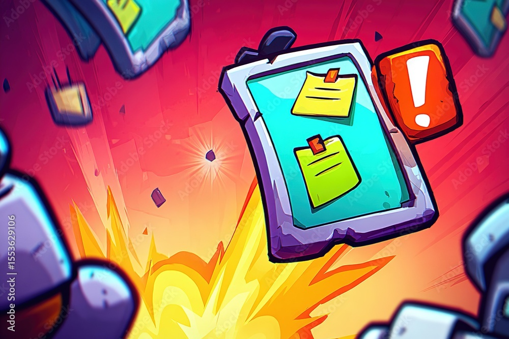 Poster colorful explosion of game elements with clipboard and notifications in animated design style