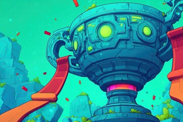 Naklejka premium Brightly colored trophy on a vibrant landscape with floating blocks under a turquoise sky