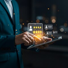 Customer reviews and feedback on a tablet device with glowing stars and chat bubbles