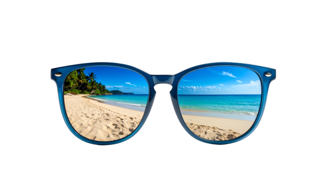 Stylish sunglasses reflecting a beach scene.