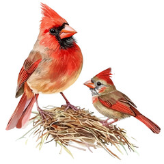 watercolor vector of A Mother Cardinal With Her Kid, isolated on a white background.