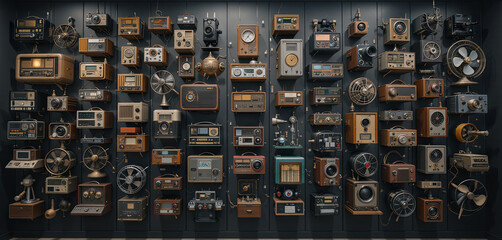 Numerous vintage radios and fans are arranged on a dark wall, showcasing a variety of sizes and designs, highlighting historical advancements in technology and aesthetics