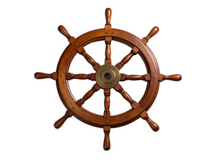 Vintage wooden ship's wheel on a white background.