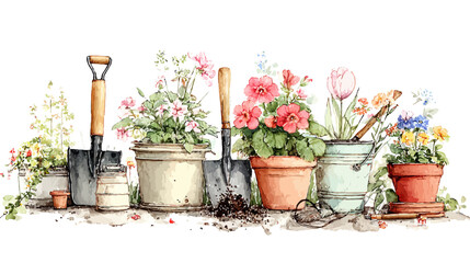 A terracotta pot with gardening tools and a pink blossom sits in a vibrant flower gardenA terracotta pot with gardening tools and a pink blossom sits in a vibrant flower garden