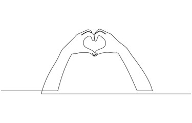 Single one line drawing hands making sign or symbol heart by fingers, Minimalist silhouette Hand Drawn Line Illustrations of Hands Forming Heart Shapes. Editable outline