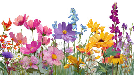 Colorful Meadow and Garden Flowers Isolated on Transparent Background