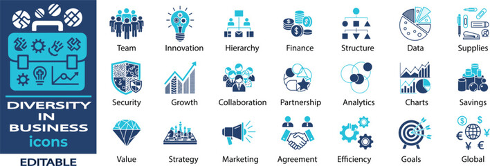 Diversity in business vector icon set. Containing Team, Innovation, Hierarchy, Finance, Structure, Data, Supplies, Security, Growth, Collaboration, Partnership, Analytics and more. Solid vector icons 