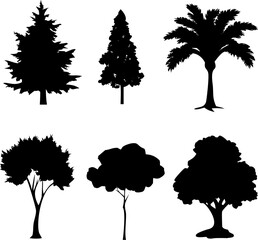 Silhouettes of Various Trees – Pine, Oak, Palm and Forest Tree Vector Set