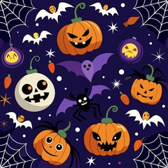 Fototapeta premium Spooky Halloween Night Seamless Pattern with Pumpkins and Bats