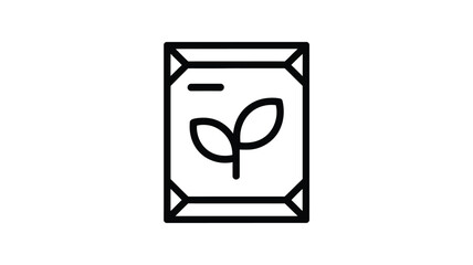 Simple black line icon of a seed packet with a sprout inside on a white background