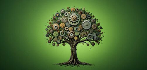 A whimsical tree made entirely of gears and clock parts stands against a vibrant green background. This artwork symbolizes the blend of nature and machinery, showcasing creativity and innovation