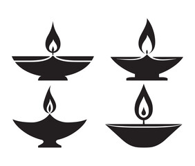 Fototapeta premium Set of vector images of diwali oil lamps. Black silhouette diwali oil lamps collection.
