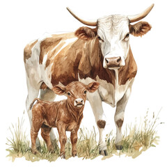 A Mother Bull With Her Kid, watercolor vector, isolated on a white background.