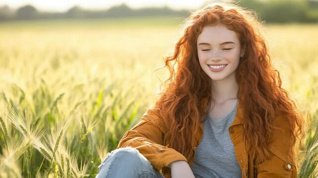 Redhead woman smiling in a golden wheat field