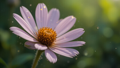 Obraz premium Delicate pink daisy radiates beauty against a soft green backdrop, enhanced by shimmering light particles adding magic to the floral scene.