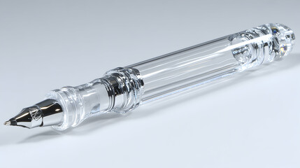 Fototapeta premium Sleek transparent pen with chrome accents, modern design, isolated on white background. Perfect for business, office, or stationery concepts.