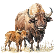A Mother Buffalo With Her Kid, watercolor illustration vector, isolated on a white background.