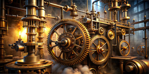 Fototapeta premium A complex arrangement of brass gears and pipes fills the workshop, softly illuminated by warm light, creating a captivating steampunk atmosphere with intricate details