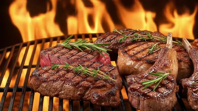 Grilled steaks and lamb chops with rosemary on a flaming grill