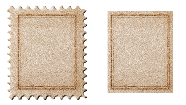 Vintage blank postage stamps with textured paper and ornate borders, perfect for retro design, mail concepts, and historical document themes isolated.