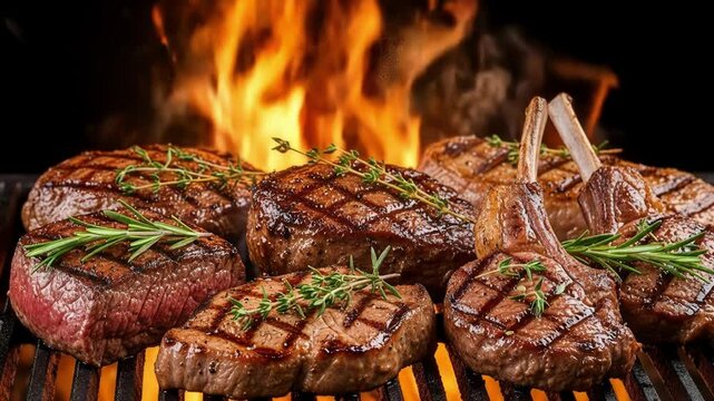 Grilled steaks and lamb chops are cooking over an open fire