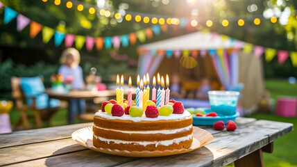 A birthday celebration cake sits on a wooden table, outdoors with colorful flags and garden party background.