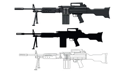 M240 Machine Gun Side View – Realistic, Silhouette, and Line Art Vector Illustrations on White Background
