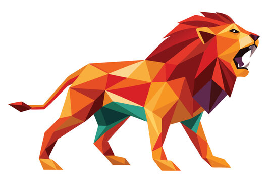 Roaring lion low poly vector geometric style, polygonal Fierce lion illustration clipart.