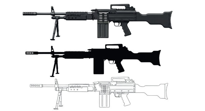 M240 Machine Gun Side View &ndash; Realistic, Silhouette, and Line Art Vector Illustrations on White Background
