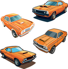 Classic 1970s Orange American Muscle Car &ndash; Vintage Automotive Power Icon. set of cars