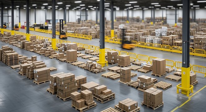 Vast warehouse interior filled with stacked cardboard boxes, two forklifts actively moving merchandise.