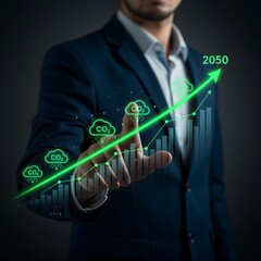 Businessman pointing at increasing co2 emissions trend towards the year 2050