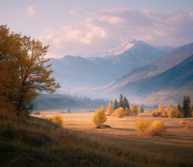 Fototapeta premium Autumn Mountain Valley Landscape at Sunrise