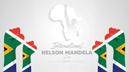 International Nelson Mandela Day animated background with raised fists in the South African flag colors. Looping video commemorating July 18 and the fight for freedom and human rights.