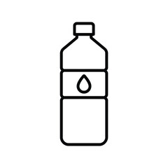 Simple black line icon of a water bottle with a drop symbol on label