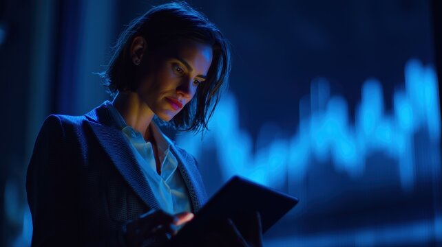 Late-night financial review by female executive