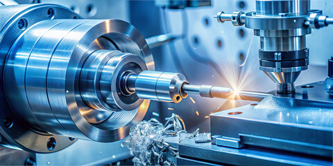 Fototapeta premium A high-tech workshop showcases advanced CNC machinery at work. Sparks fly as a metal shaft undergoes precise cutting, highlighting skilled craftsmanship and technology