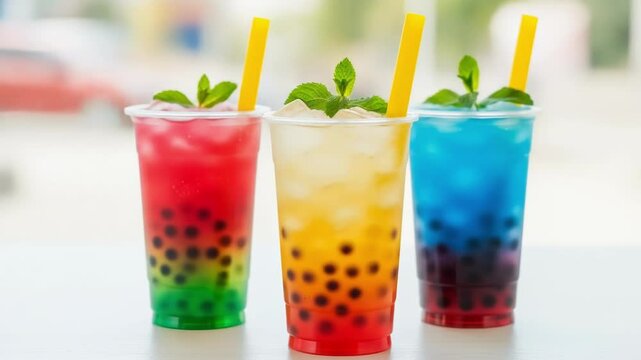 Three colorful boba tea drinks with tapioca pearls and mint garnish