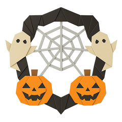 Origami Halloween Wreath with Spiderweb Center, Pumpkins and Ghosts, Cutout Transparent PNG