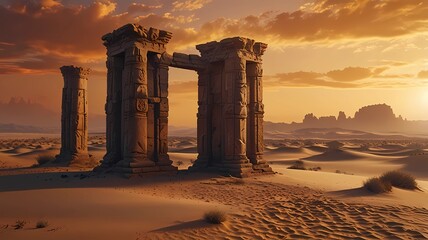 Fototapeta premium Ancient Ruins in a Vast Desert at Sunset