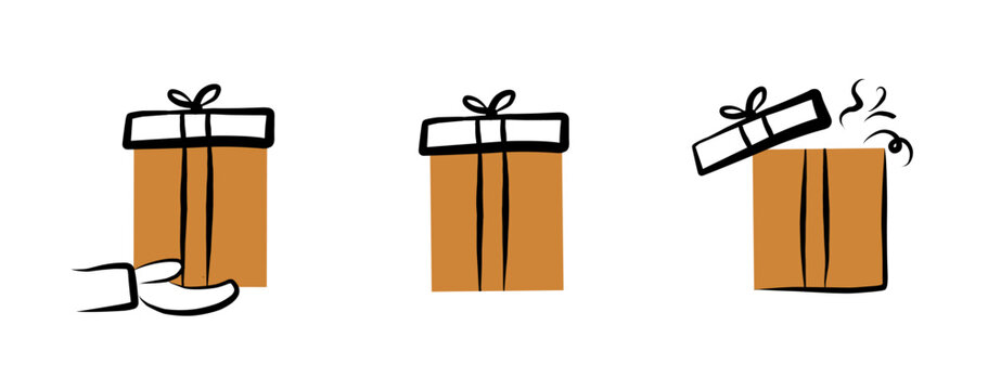 GIft box icons in various stages in cartoon style of opening with hand drawn ribbon and minimal flat colors