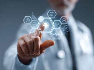 Doctor touching virtual interface with medical icons. Represents healthcare technology, telemedicine, or digital health. Ideal for medical, science, or tech content.