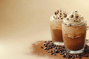 Delicious hot chocolate, cappuccino with chocolate, and cinnamon coffee drinks with whipped cream