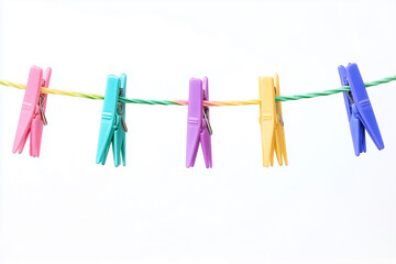 Colorful plastic clothespins hang on a laundry line
