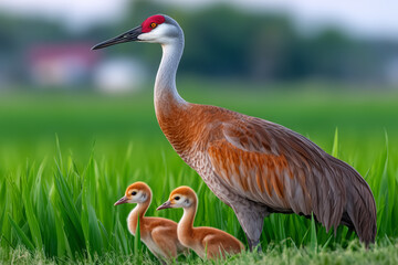 Obraz premium Sandhill Crane With Two Chick Standing In Tall Green Grass With Soft Background In Natural Habitat